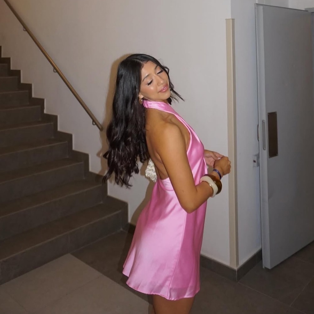 SHOW ME YOUR MUMU Jasmine Halter Mini Dress In Pink Luxe Satin